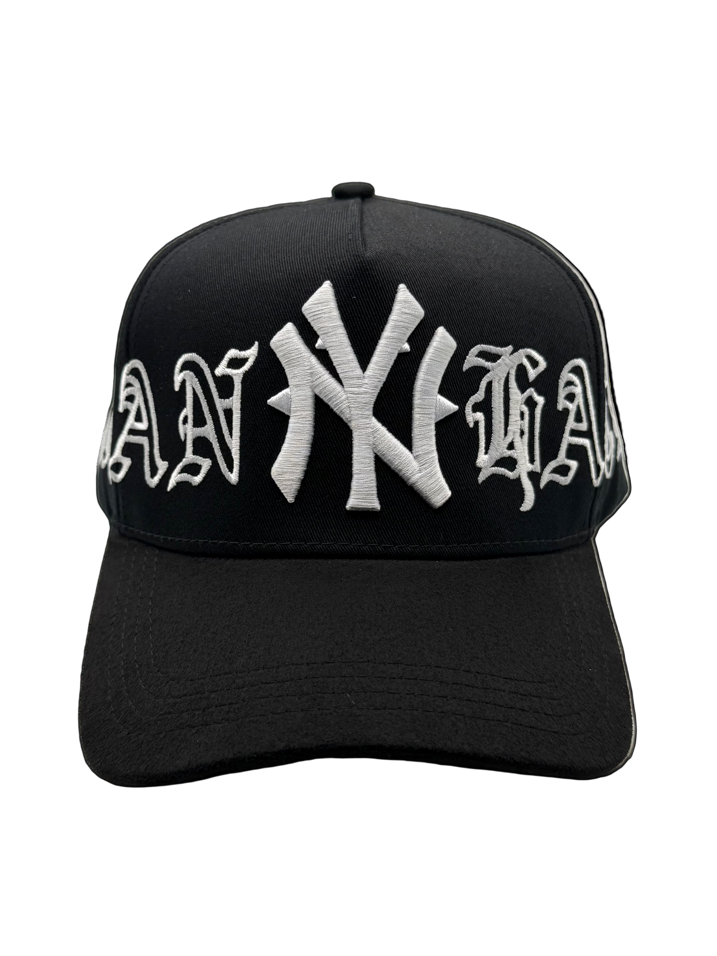 Black cap with white text and logo on a transparent background