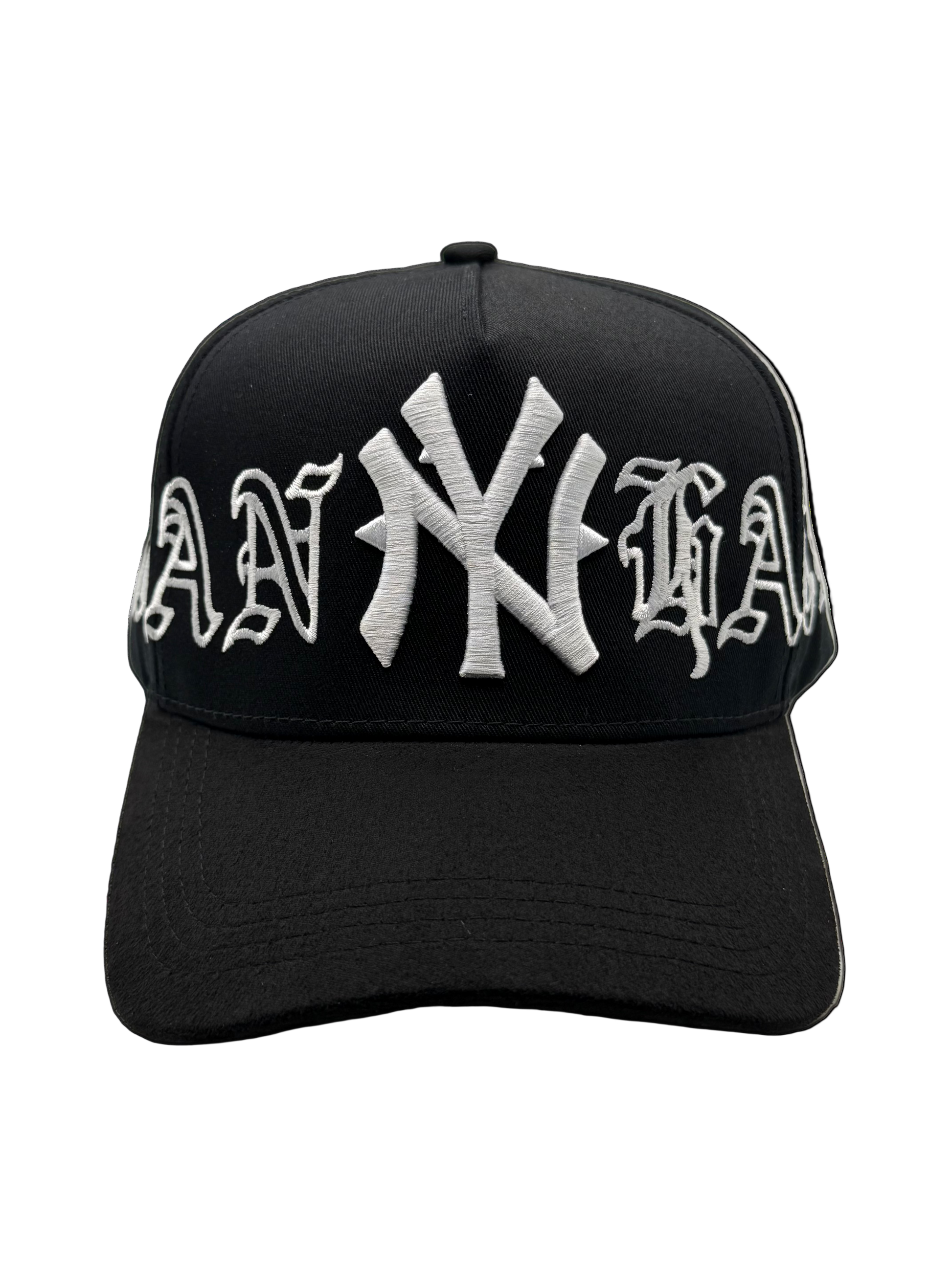 Black cap with white text and logo on a transparent background