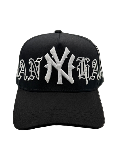 Black cap with white text and logo on a transparent background