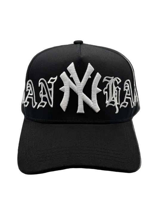 Black cap with white text and logo on a transparent background